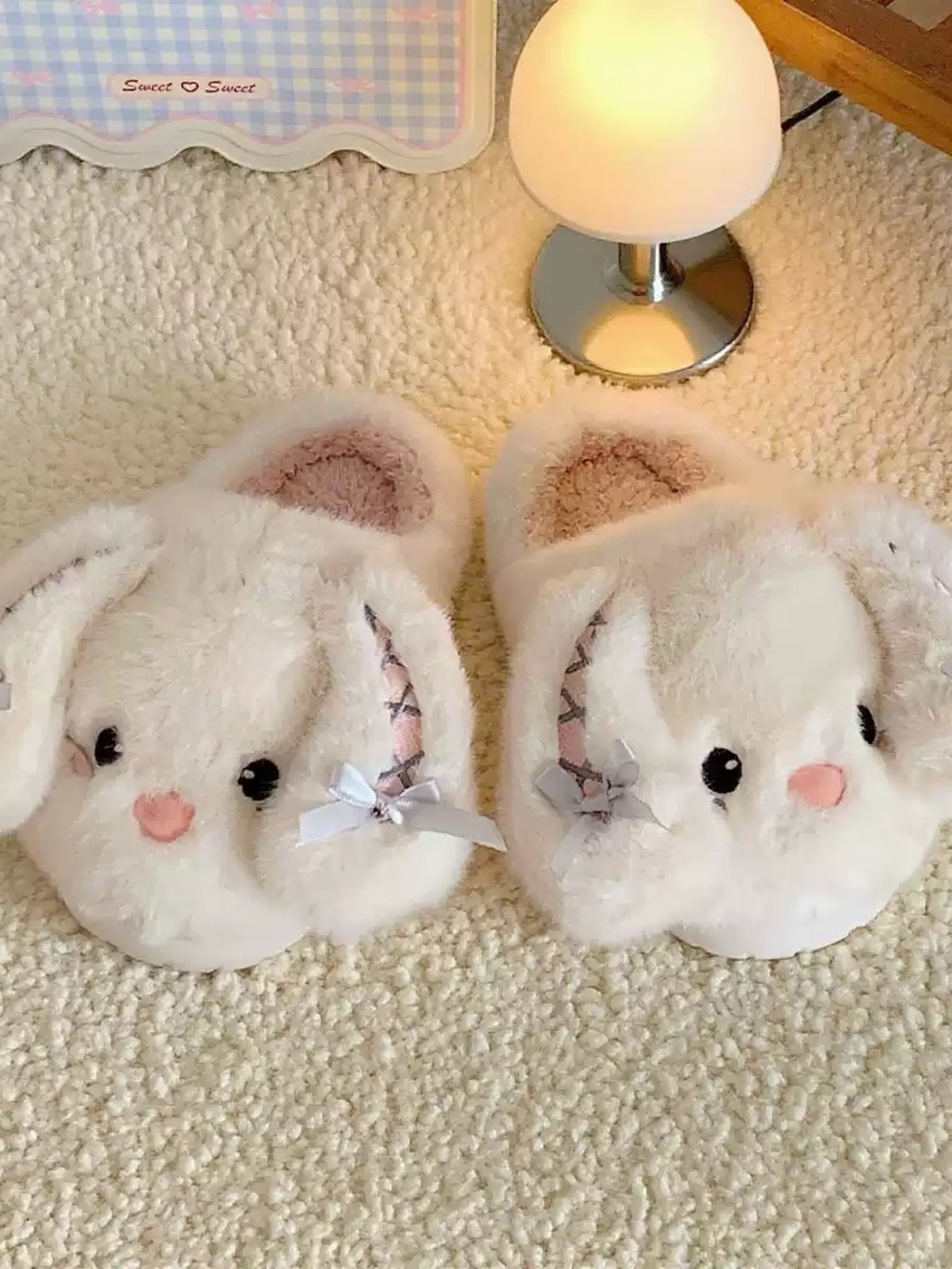 Cute Plush Bunny Slippers in Cream with Pink Accents